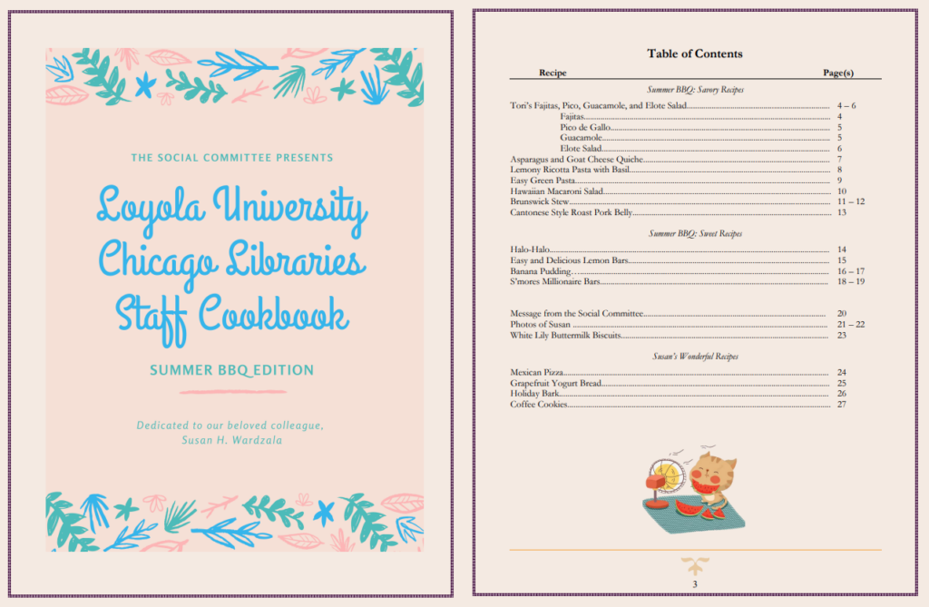 Screenshot of the title page of the Summer BBQ cookbook and of the table of contents.