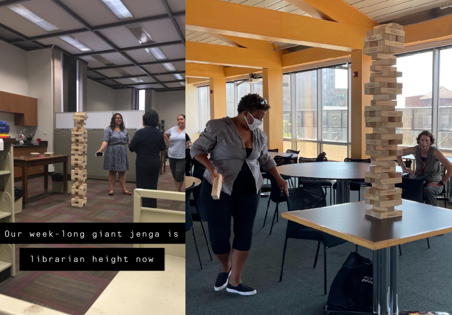Left image of a Jenga game in 2019 with caption "our week-long giant jenga is librarian height now". Right image of 2021 game of Jenga on a table on the IC 4th floor.