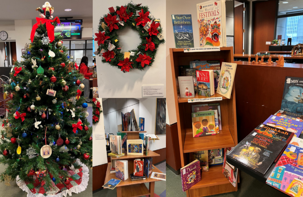 Collage of Christmas decorations in Lewis Library - includes Christmas tree, wreath, and book display on festivals/holidays. 