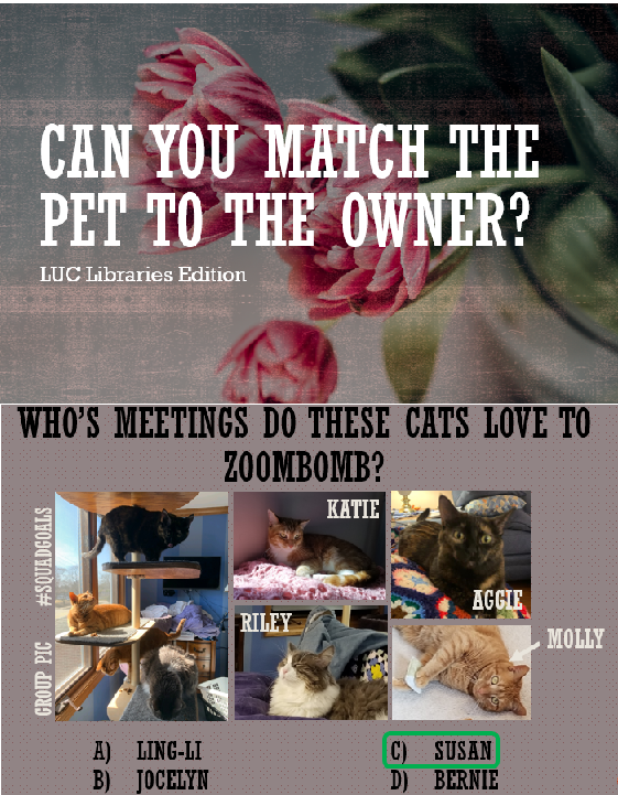 Screenshots of a trivia title page, "Can you match the pet to the owner? LUC libraries edition" and of a trivia question on the owner of 4 cats - answer is Susan.