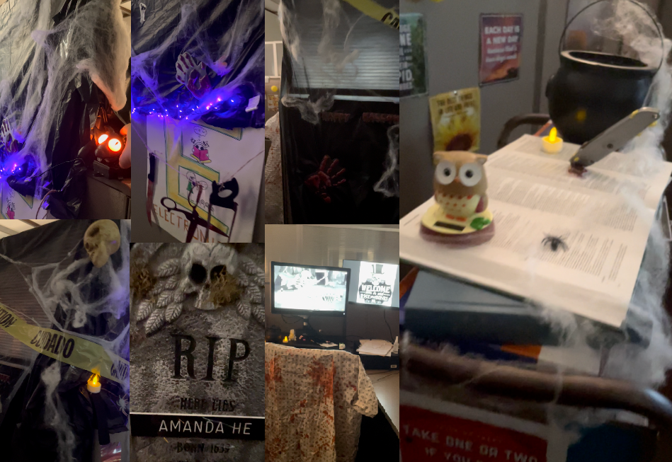 Collage of decorated cubicle featuring black material covering cubicle with spider webs, fake blood splatters, caution tape, bloody hospital gowns, a tombstone, and a stabbed bleeding book.