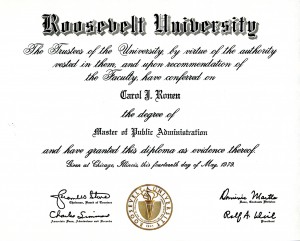 Carol Ronen's Masters in Public Administration Diploma, 1979.