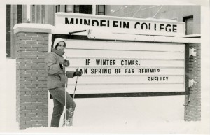 1979 Blizzard Blitz: A member of the Mundelein community enjoys the snow on cross-country skis.
