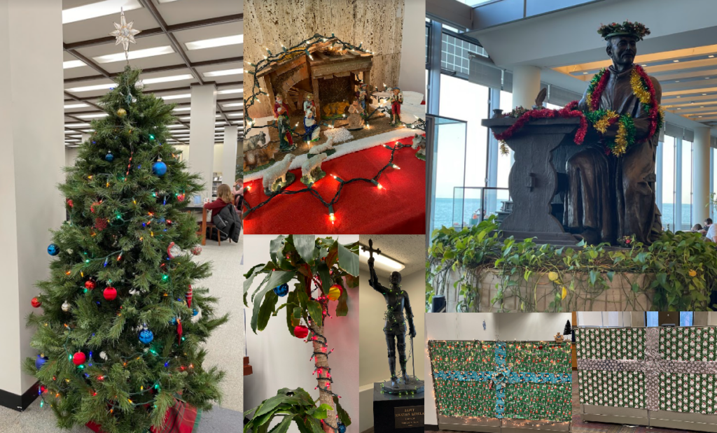 Collage of Christmas decorations in Cudahy Library and the IC - includes Christmas tree, nativity scene sans Baby Jesus, decorated statues, and cubicles covered in gift wrap.
