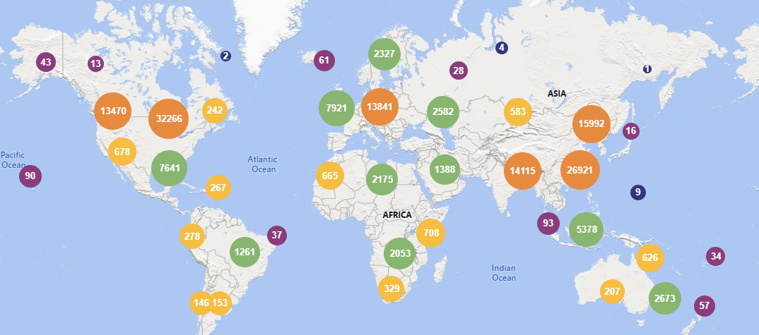 a world map showing readership data in certain regions