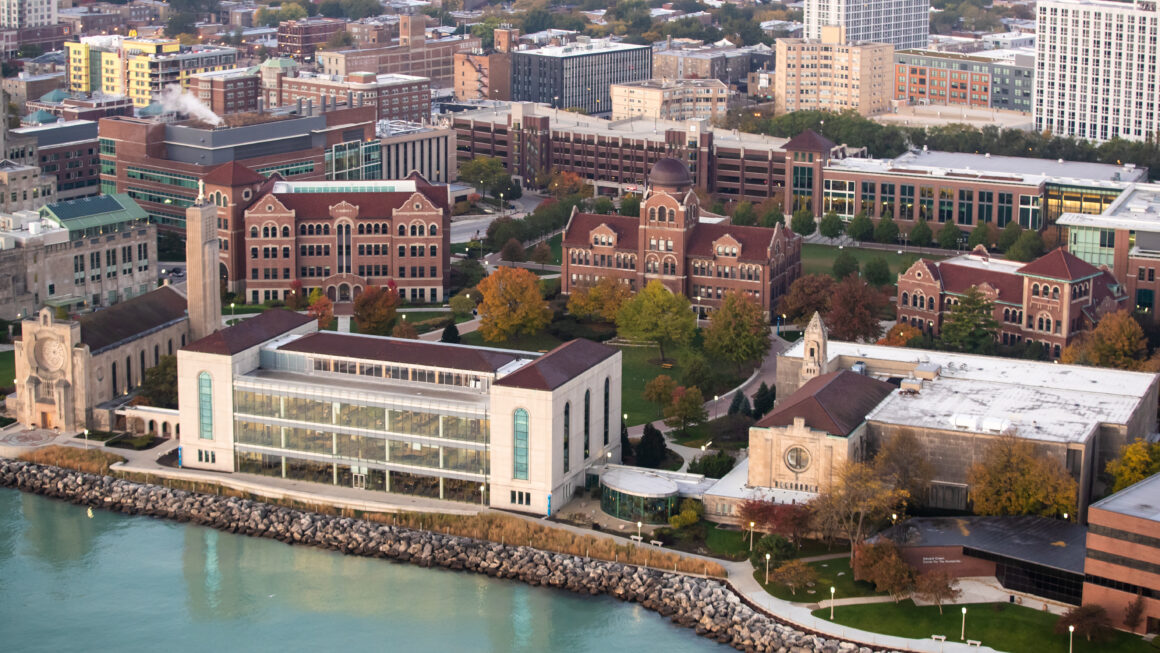 aerial view of Information Commons and Cudahy Library at the Lake Shore Campus Photo: Lukas Keapproth