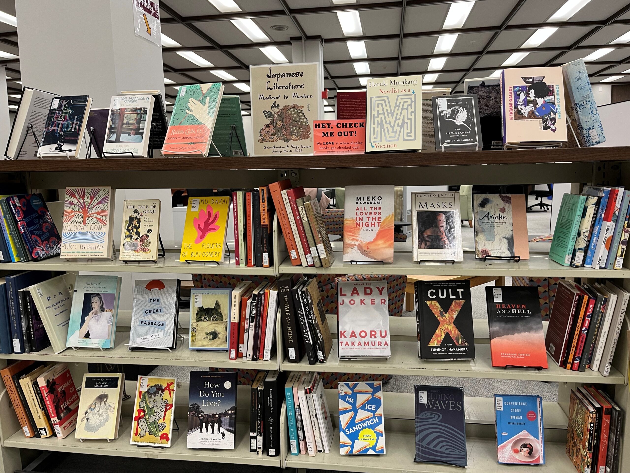 Books on display in the Cudahy Library in May 2026 on Japanese literature