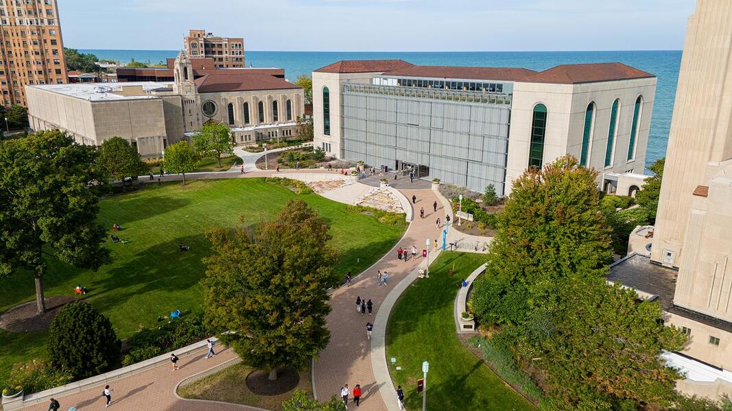 Aerial view of early fall campus scene from the Lake Shore Campus, October 1, 2025. (Photo: Lukas Keapproth)